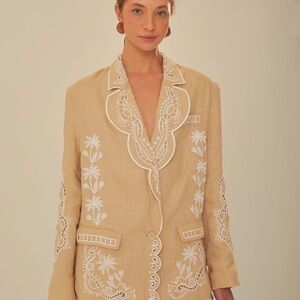 NWT FARM Rio Khaki Embroidered Euroflax Premium Linen Blazer Sz xs feminine